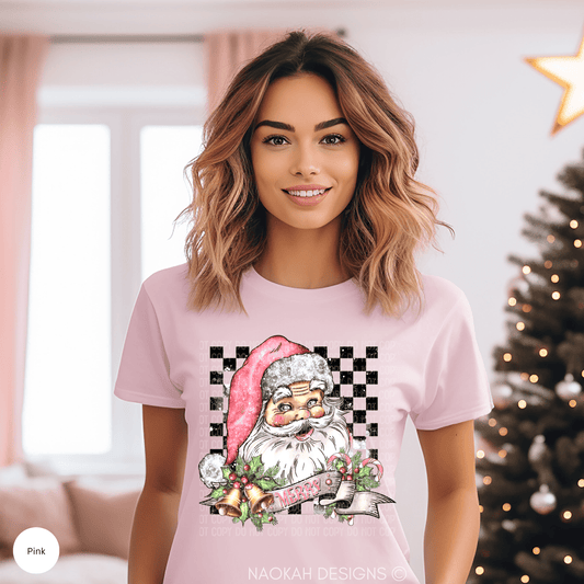 Christmas Santa Checkered Shirt, Pink Retro Santa Shirt, Santa Bells Shirt, Groovy Checkered Santa Shirt, Pink Christmas Shirt